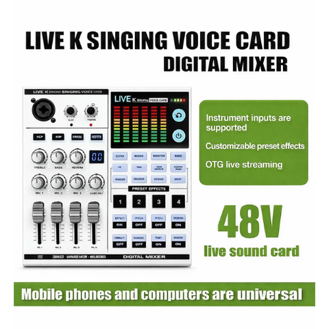 Gaming Audio Mixer, Sound Card With 48V Phantom Power, Bluetooth/6.35mm/3.5mm/Xlr Inputs,and Live Sound Card With Voice Conversion DJ Mixer Effects,Audio Interface for Streaming/Podcast/PC