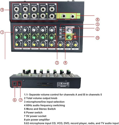 Professional 10-Channel Audio Mixer with USB, Bluetooth & 48V Phantom Power