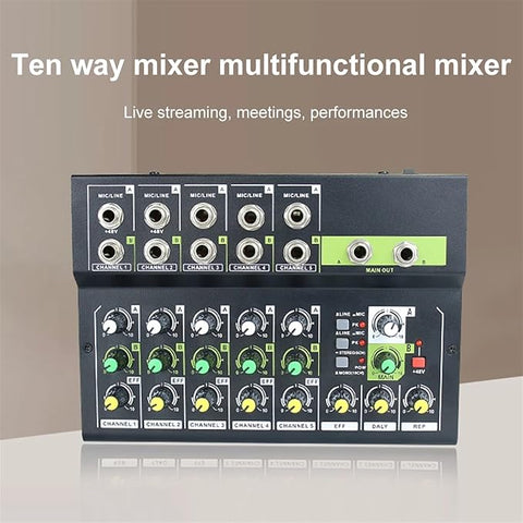 Professional 10-Channel Audio Mixer with USB, Bluetooth & 48V Phantom Power
