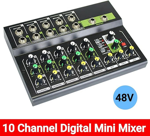 Professional 10-Channel Audio Mixer with USB, Bluetooth & 48V Phantom Power