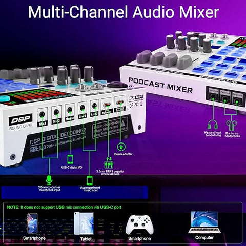 Professional Gaming Audio Mixer with Bluetooth & Voice Effects for Live Streaming