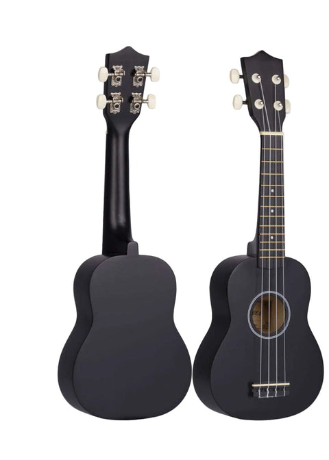 Black ukulele on a light gray background with '21 Inch Black' label.