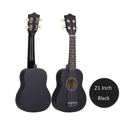 Black ukulele on a light gray background with '21 Inch Black' label.