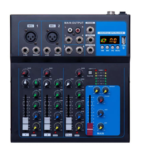 4 Channel Professional Audio Mixer with Bluetooth & 48V Phantom Power